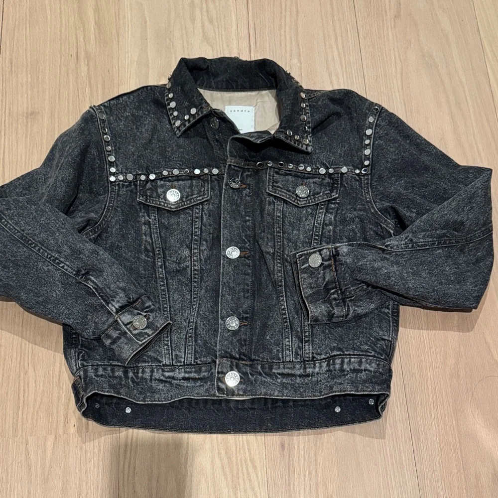 SANDRO Mirrored Studded Gray Washed Denim Jeans Jacket Cotton Size 38 - Picture 6 of 9